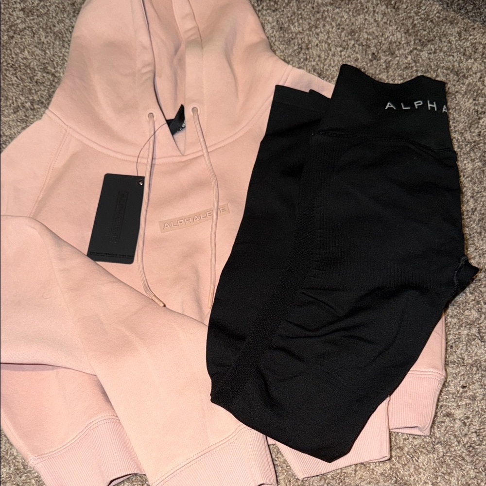 Alphalete Blush Hoodie and Black Leggings Set